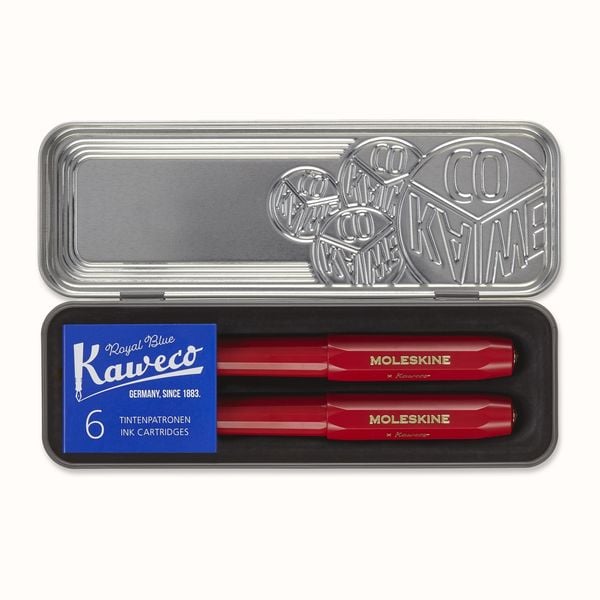 Moleskine Kaweco Ballpoint and Foutain Pen Set, Red, Medium Point and Medium Nib (0.7 MM), Blue Ink