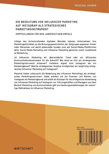 Produktbild: Die Bedeutung von Influencer Marketing auf Instagram als strategisches Marketinginstrument. Empfehlungen f&uuml;r den langfristigen Erfolg