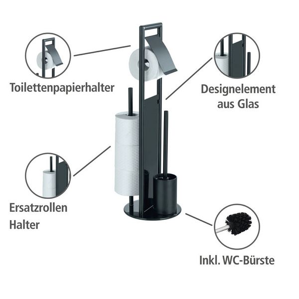 Produktbild: Stand WC-Garnitur Mod. Ravina, Schwarz, mit Ersatzrollenhalter f&uuml;r 3 Rollen