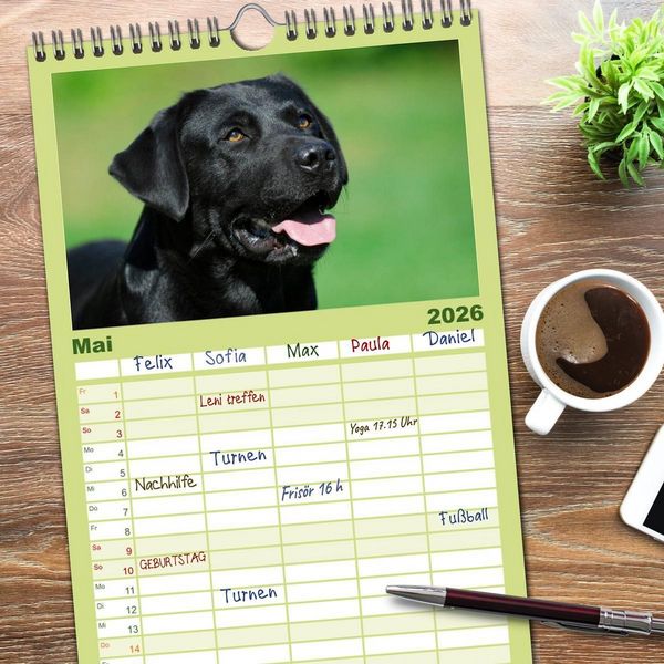 Produktbild: Familienplaner 2026 - Labrador Retriever 2026 mit 5 Spalten (Wandkalender, 21 x 45 cm) CALVENDO