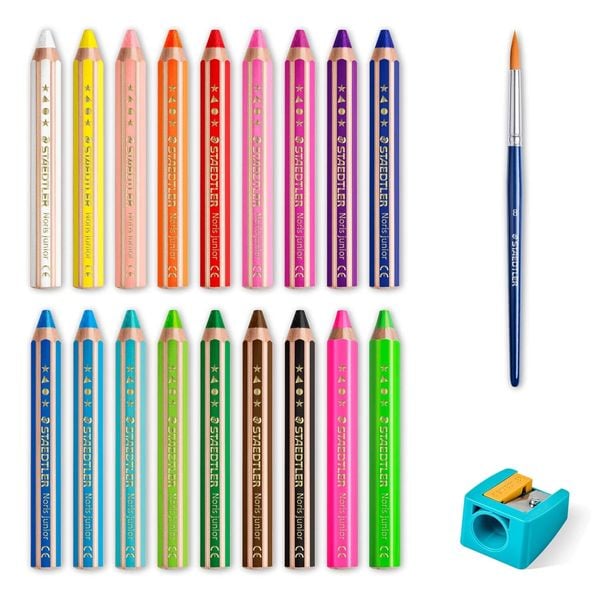 STAEDTLER Noris junior 140 Kindermalstift 3 in 1, Kartonetui mit 18 Malstiften in sortierten Farben, 1 Spitzer und 1 Pinsel, 140 C18