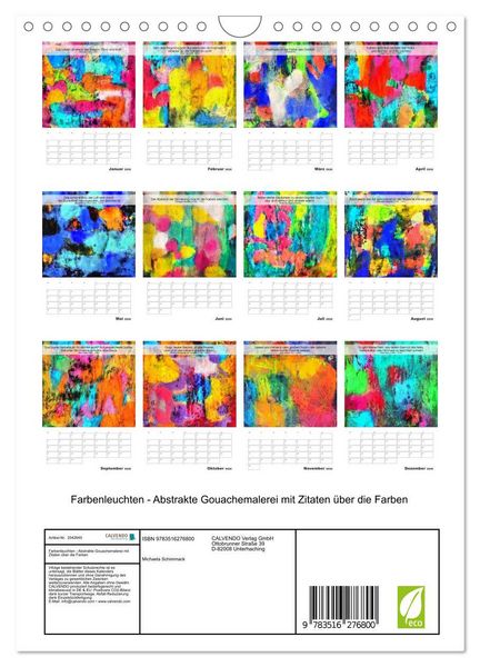 Produktbild: Farbenleuchten - Abstrakte Gouachemalerei mit Zitaten &uuml;ber die Farben (Wandkalender 2026 DIN A4 hoch), CALVENDO Monatskalender