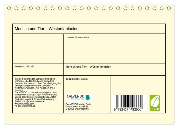 Produktbild: Mensch und Tier &ndash; W&uuml;stenfantasien (Tischkalender 2026 DIN A5 quer), CALVENDO Monatskalender