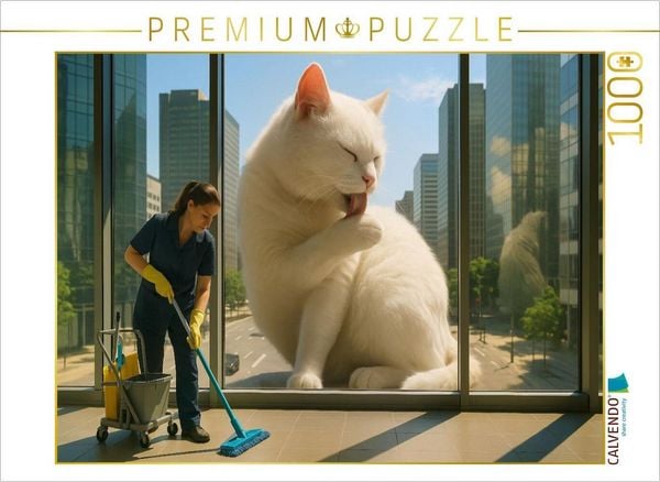CALVENDO Puzzle Sauber wie geleckt - Riesige Katze putzt sich | 1000 Teile Lege-Größe 64x48cm Foto-Puzzle für glückliche Stunden