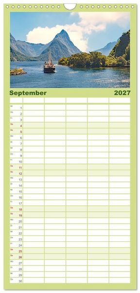Produktbild: Familienplaner 2027 - Neuseeland - Land der Kontraste mit 5 Spalten (Wandkalender, 21 x 45 cm) CALVENDO