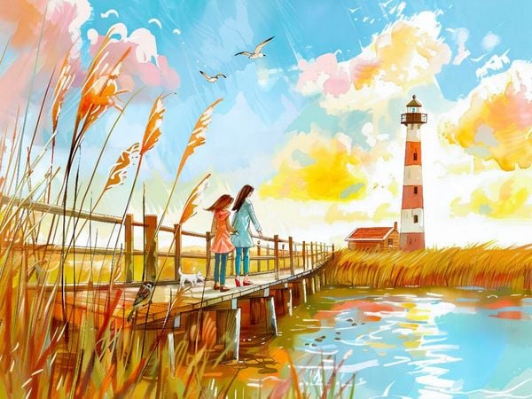 Produktbild: CALVENDO Puzzle Spaziergang mit Mutter und Kind zum Leuchtturm | 1000 Teile Lege-Gr&ouml;&szlig;e 64x48cm Foto-Puzzle f&uuml;r gl&uuml;ckliche Stunden