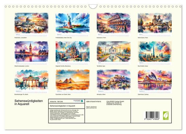 Produktbild: Sehensw&uuml;rdigkeiten in Aquarell (Wandkalender 2026 DIN A3 quer), CALVENDO Monatskalender