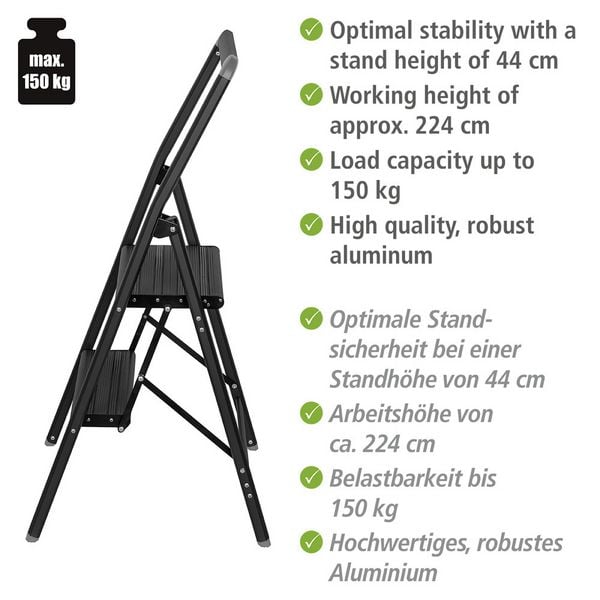 Produktbild: Alu-Klapptrittleiter Compact 2-stufig Schwarz, leichte & rutschfeste Haushaltsleiter,