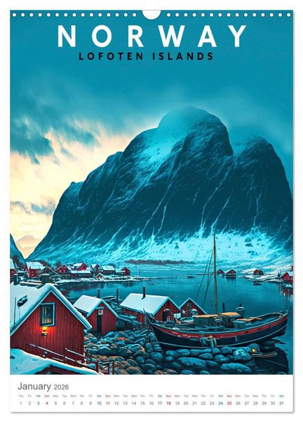 Produktbild: Lofoten Islands - Old School Poster Style (Wall Calendar 2026 DIN A3 portrait), CALVENDO 12 Month Wall Calendar