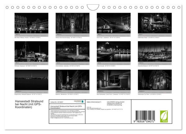 Produktbild: Hansestadt Stralsund bei Nacht (mit GPS-Koordinaten) (Wandkalender 2026 DIN A4 quer), CALVENDO Monatskalender