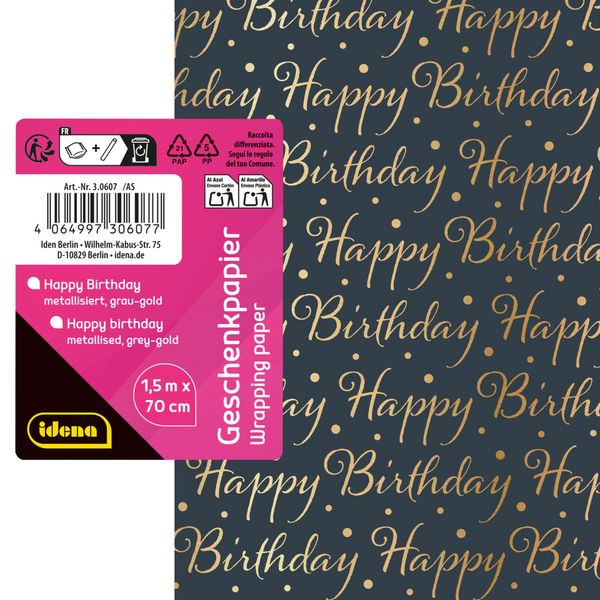 Produktbild: Idena Geschenkpapier Happy Birthday grau gold metallisiert 70cmx150cm
