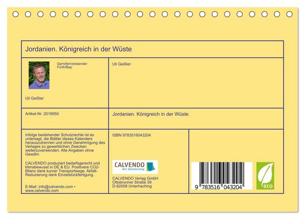 Produktbild: Jordanien. K&ouml;nigreich in der W&uuml;ste (Tischkalender 2026 DIN A5 quer), CALVENDO Monatskalender