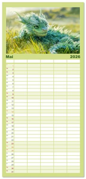 Produktbild: Familienplaner 2026 - Drachen - Verspielt und fluffig mit 5 Spalten (Wandkalender, 21 x 45 cm) CALVENDO