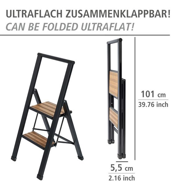 Produktbild: Alu-Design Klapptrittleiter 2-stufig Schwarz, rutschsichere XXL-Stufen