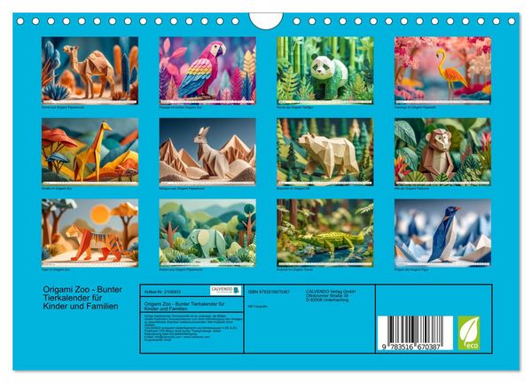 Produktbild: Origami Zoo - Bunter Tierkalender f&uuml;r Kinder und Familien (Wandkalender 2026 DIN A4 quer), CALVENDO Monatskalender