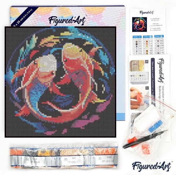 Produktbild: FiguredArt DP-SFA153-Y - Mini Diamond Painting, Bunte Koi-Karpfen, Leinwand-Keilrahmen (25x25cm), DIY Bastelset