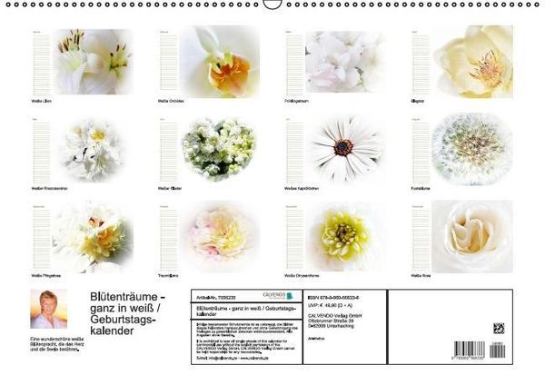 Produktbild: Bl&uuml;tentr&auml;ume - ganz in wei&szlig; / Geburtstagskalender (Wandkalender immerw&auml;hrend DIN A2 quer)