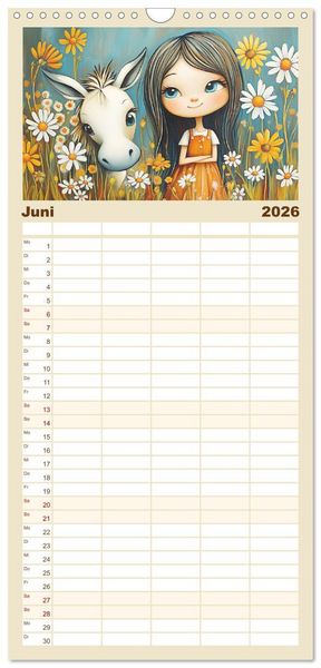 Produktbild: Familienplaner 2026 - M&auml;dchentr&auml;ume. S&uuml;&szlig;e Momente auf bl&uuml;henden Wiesen mit 5 Spalten (Wandkalender, 21 x 45 cm) CALVENDO
