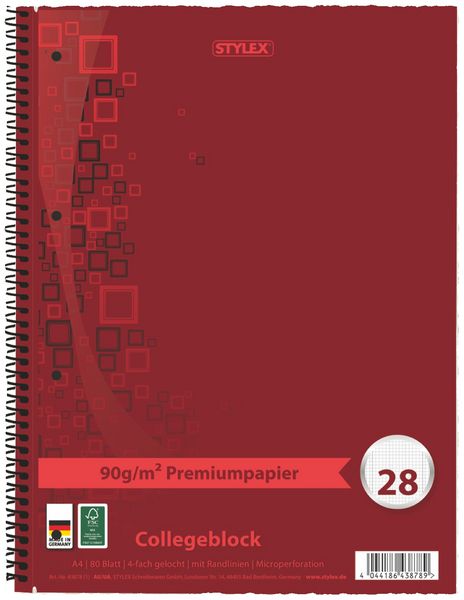 Produktbild: Stylex Collegeblock, Premium, Lin. 28, DIN A4, 80 Blatt, kariert