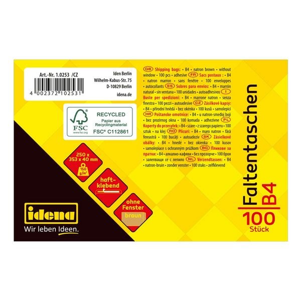 Produktbild: Idena Faltentasche 150g/m&sup2; haftklebend ohne Fenster braun DIN B4 100 St&uuml;ck 4cm Boden