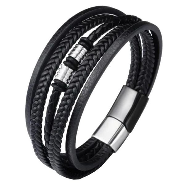 Herren Armband 5 Strang, Leder mit Magnetverschluss, schwarz, 21x2cm