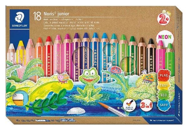 Produktbild: STAEDTLER Noris junior 140 Kindermalstift 3 in 1, Kartonetui mit 18 Malstiften in sortierten Farben, 1 Spitzer und 1 Pinsel, 140 C18