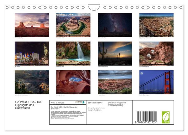 Produktbild: Go West. USA - Die Highlights des S&uuml;dwesten (Wandkalender 2026 DIN A4 quer), CALVENDO Monatskalender