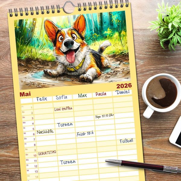 Produktbild: Familienplaner 2026 - Lustige Corgis. Niedliche Cartoons von gl&uuml;cklichen Hunden mit 5 Spalten (Wandkalender, 21 x 45 cm) CALVENDO