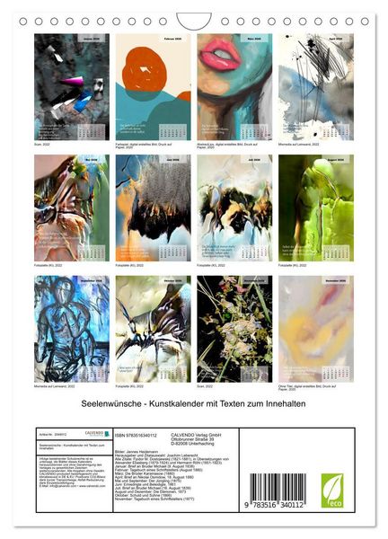 Produktbild: Seelenw&uuml;nsche - Kunstkalender mit Texten zum Innehalten (Wandkalender 2026 DIN A4 hoch), CALVENDO Monatskalender