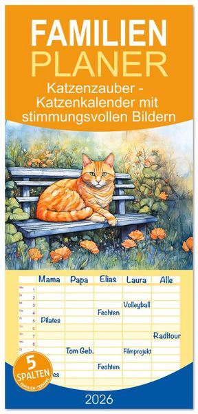 Familienplaner 2026 - Katzenzauber - Katzenkalender mit stimmungsvollen Bildern mit 5 Spalten (Wandkalender, 21 x 45 cm) CALVENDO