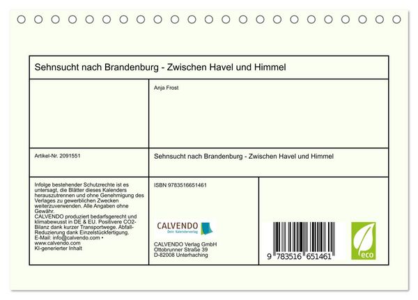 Produktbild: Sehnsucht nach Brandenburg - Zwischen Havel und Himmel (Tischkalender 2026 DIN A5 quer), CALVENDO Monatskalender
