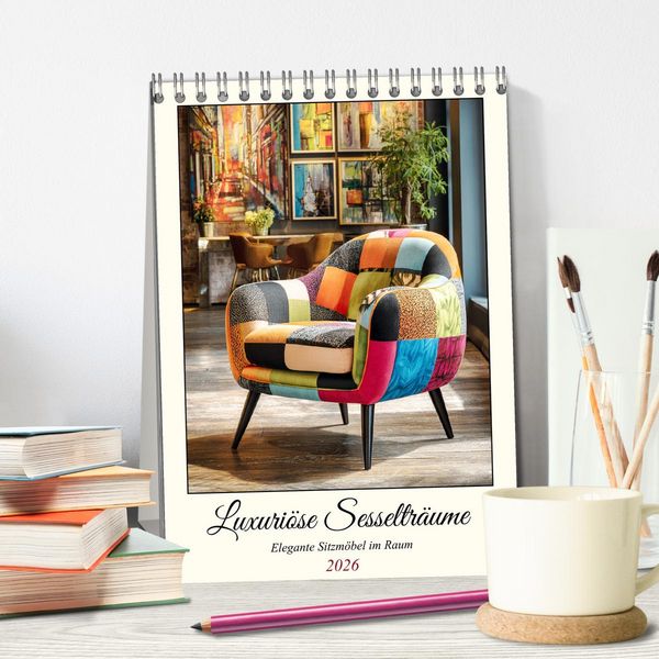 Produktbild: Luxuri&ouml;se Sesseltr&auml;ume. Elegante Sitzm&ouml;bel im Raum (Tischkalender 2026 DIN A5 hoch), CALVENDO Monatskalender