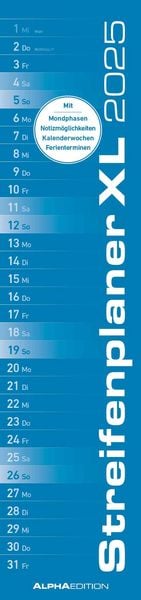 Streifenplaner XL BLAU 2025 - Streifenkalender 15x64 cm - Wandplaner - Küchenkalender - schmales Design - eine Spalte - 