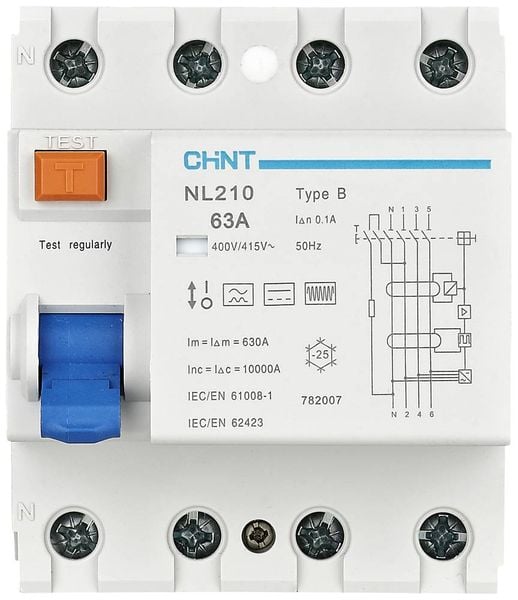 Chint 782007 NL210 3PN 63A 100mA B 10kA FI-Schutzschalter B/10 kA 3polig 63A 0.1A 415V