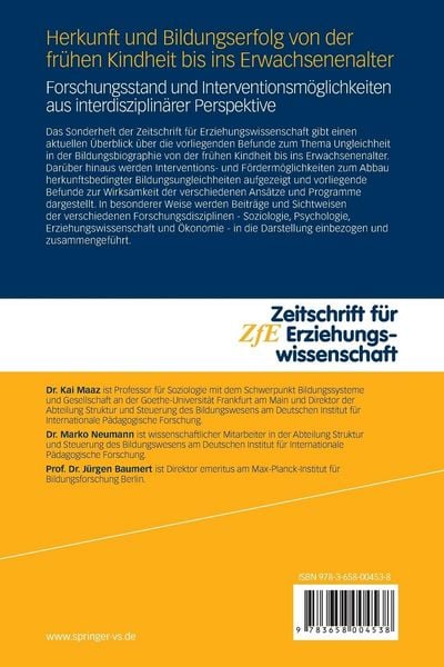 Produktbild: Herkunft und Bildungserfolg von der fr&uuml;hen Kindheit bis ins Erwachsenenalter