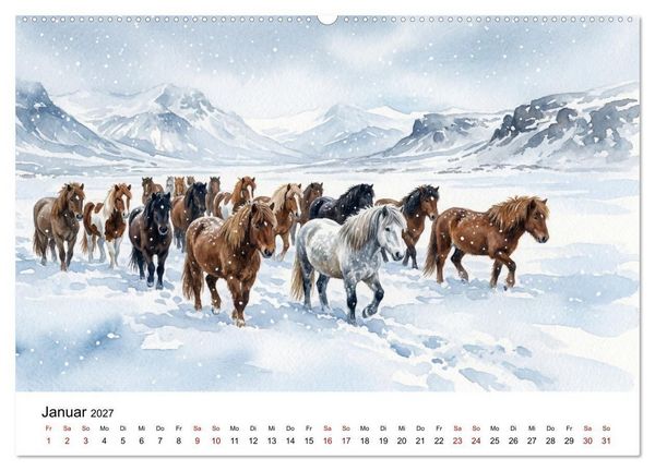 Produktbild: Magie der Islandpferde im Aquarellstil (hochwertiger Premium Wandkalender 2027 DIN A2 quer), Kunstdruck in Hochglanz