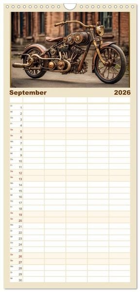 Produktbild: Familienplaner 2026 - Motorr&auml;der im Steampunk-Style mit 5 Spalten (Wandkalender, 21 x 45 cm) CALVENDO