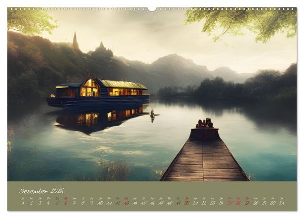 Produktbild: Romantische Fantasy Hausboote Magische Stimmungen in der D&auml;mmerung (Wandkalender 2026 DIN A2 quer), CALVENDO Monatskalender
