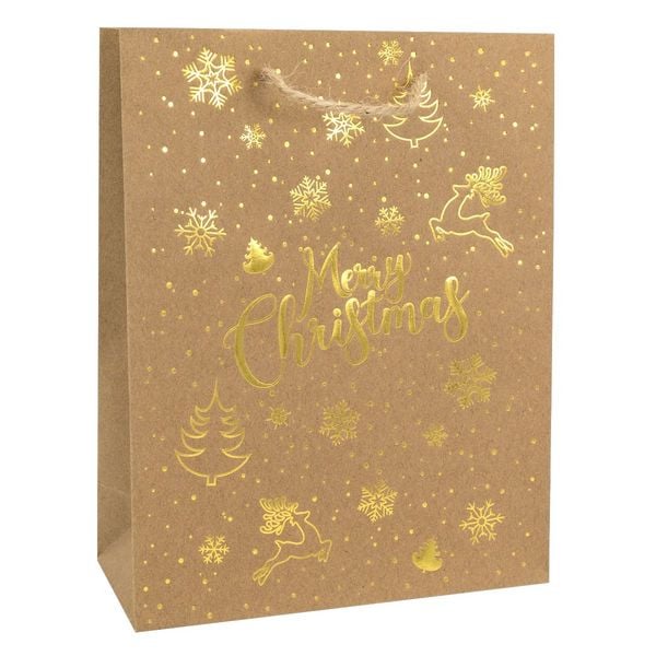 Idena Geschenktasche Weihnachten Merry Christmas Kraftpapier braun 25x34x8,5cm 140g/m²
