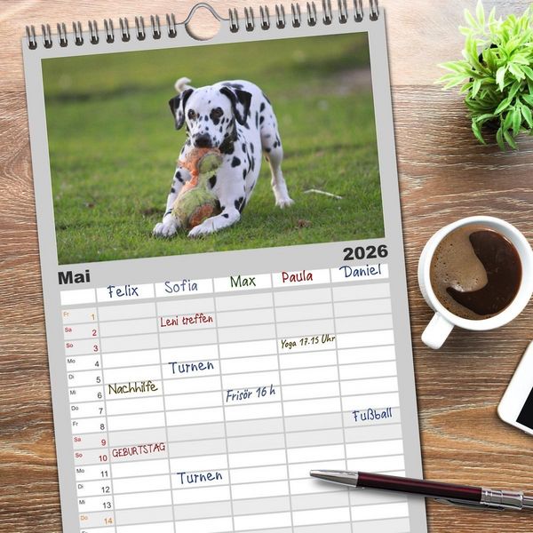 Produktbild: Familienplaner 2026 - Gefleckte Freunde - Hunderasse Dalmatiner mit 5 Spalten (Wandkalender, 21 x 45 cm) CALVENDO