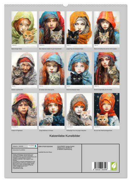 Produktbild: Katzenliebe Kunstbilder (hochwertiger Premium Wandkalender 2026 DIN A2 hoch), Kunstdruck in Hochglanz