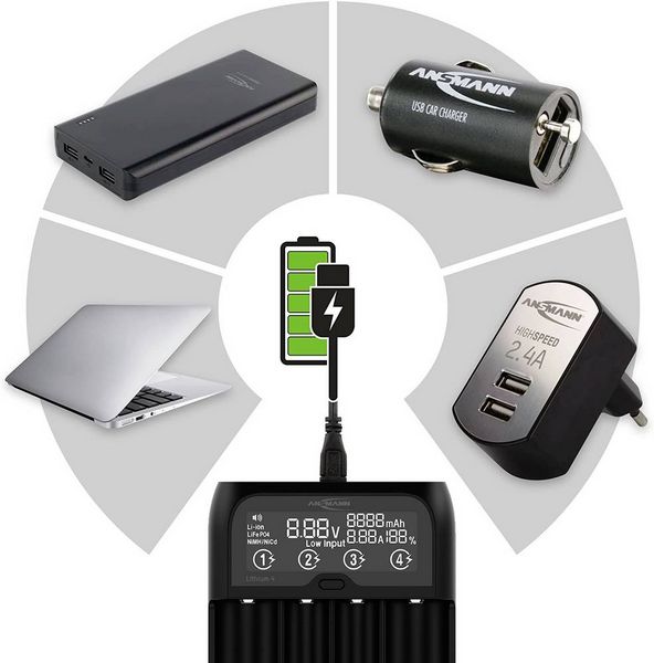Produktbild: Ansmann Lithium 4 Universalladeger&auml;t mit 2x 18650 Akkuzellen (2600mAh) Ladeger&auml;t LiIon, LiFePO4, NiMH 18500, 18650, 14500, 16340