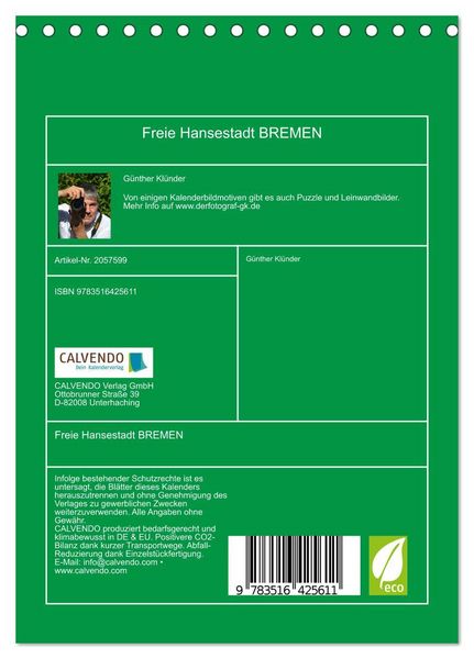Produktbild: Freie Hansestadt BREMEN (Tischkalender 2026 DIN A5 hoch), CALVENDO Monatskalender