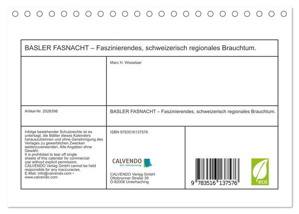 Produktbild: BASLER FASNACHT &ndash; Faszinierendes, schweizerisch regionales Brauchtum. (Tischkalender 2026 DIN A5 quer), CALVENDO Monatskalender