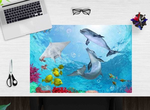 Produktbild: Cover-your-desk Schreibtischunterlage f&uuml;r Kinder und Erwachsene Delfine unter Wasser, aus hochwertigem Vinyl , 60 x 40 cm