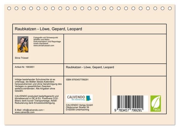 Produktbild: Raubkatzen - L&ouml;we, Gepard, Leopard (Tischkalender 2026 DIN A5 quer), CALVENDO Monatskalender