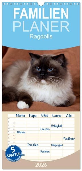 Produktbild: Familienplaner 2026 - Ragdolls mit 5 Spalten (Wandkalender, 21 x 45 cm) CALVENDO