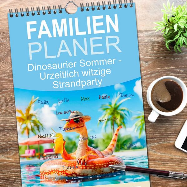 Produktbild: Familienplaner 2026 - Dinosaurier Sommer - Urzeitlich witzige Strandparty mit 5 Spalten (Wandkalender, 21 x 45 cm) CALVENDO