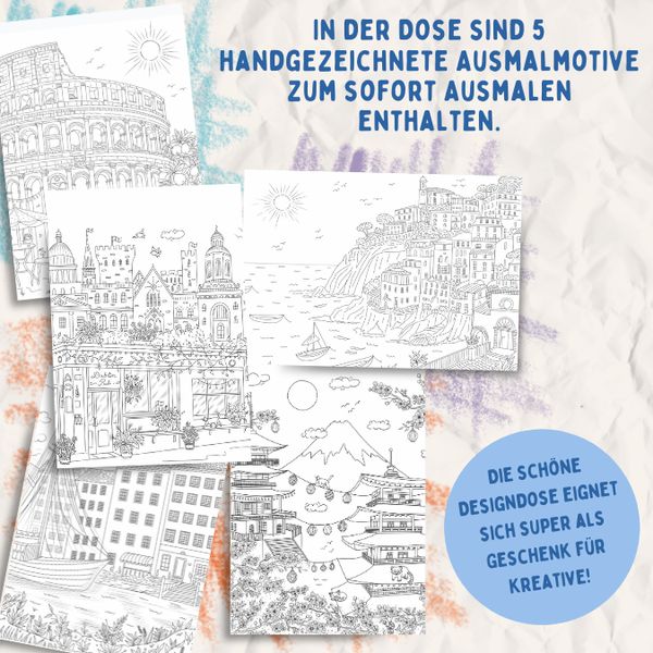 Produktbild: Colorful World Weltreise Designdose mit 12 Buntstiften