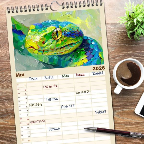 Produktbild: Familienplaner 2026 - Schlangen. Faszination Reptilien. Kunstvolle Paintings mit 5 Spalten (Wandkalender, 21 x 45 cm) CALVENDO